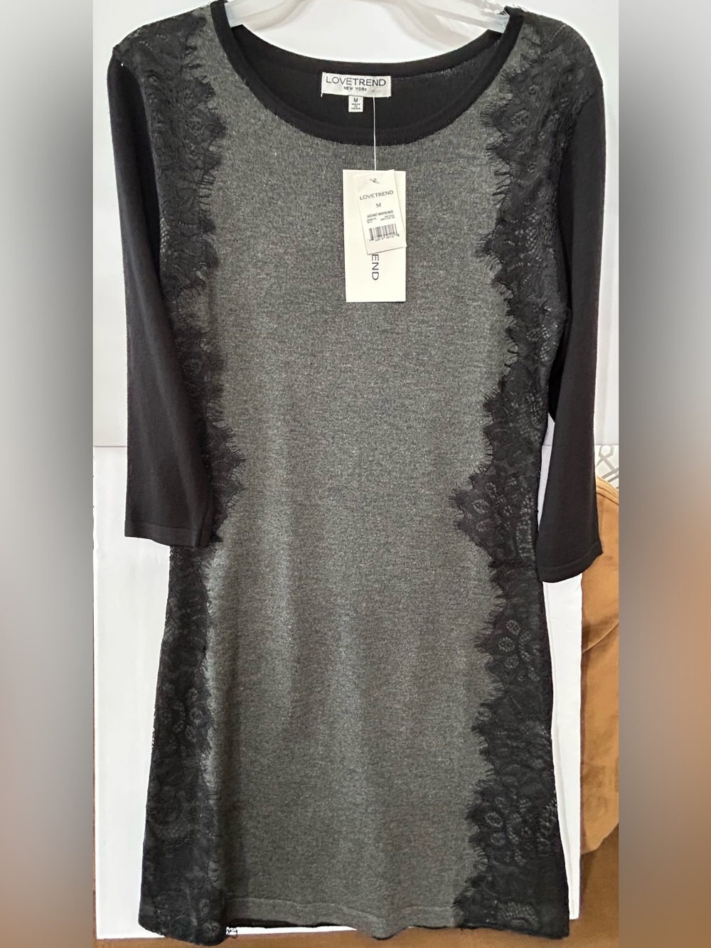 Grey Knit Dress with Black Lace Trim